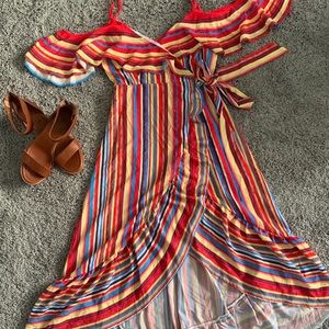 Cold Shoulder | multicolor striped wrap dress
